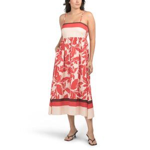LA RAGAZZE Red Sand Made In Italy Linen Blend Sleeveless Floral Maxi Dress